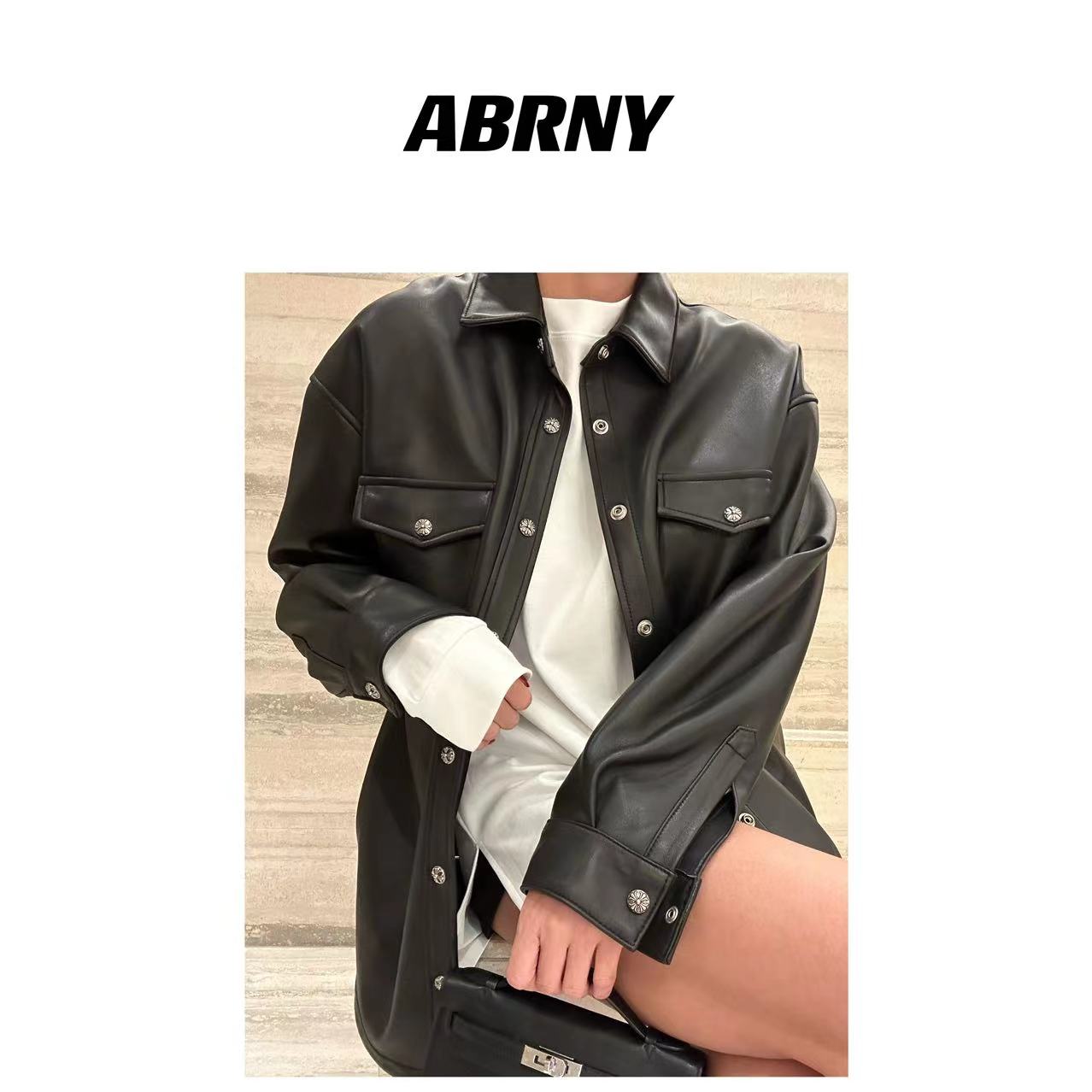 ABRNY【刻心】真皮皮衣休闲百搭时尚气质黑色秋季