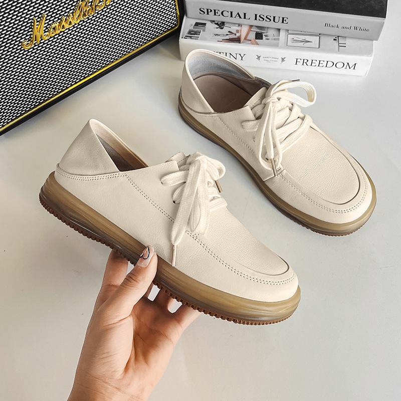 头层牛皮2023春夏新款软底软面平底低跟休闲百搭系带圆头小白鞋女