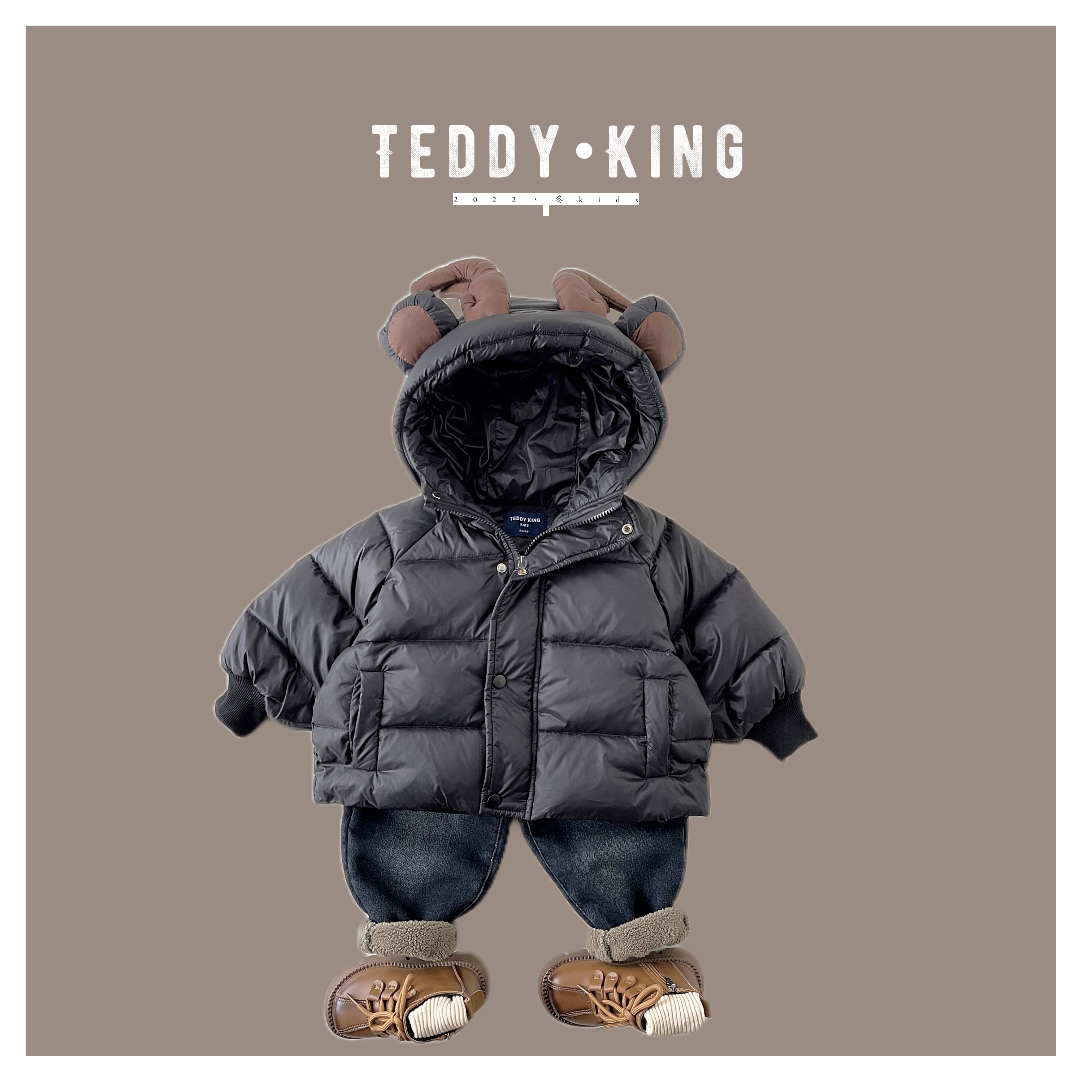 【Teddy King】2023冬 儿童韩版 拼色麋鹿角连帽羽绒服TXB22753