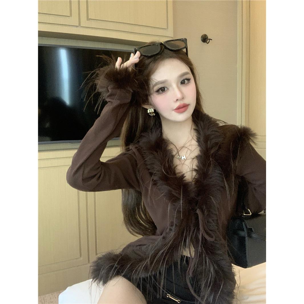 美拉德毛毛边V领针织衫毛衣开衫女秋冬纯欲辣妹上衣打底内搭新款