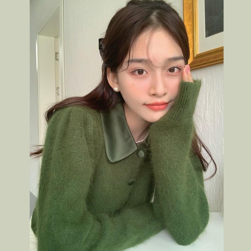 2023早秋新款Polo领奶fufu马海毛毛衣外套潮法式温柔风针新款