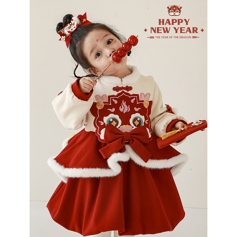 幼悠儿童秋冬季中国风拜年服洋气喜庆女童保暖年服连衣裙 D3159