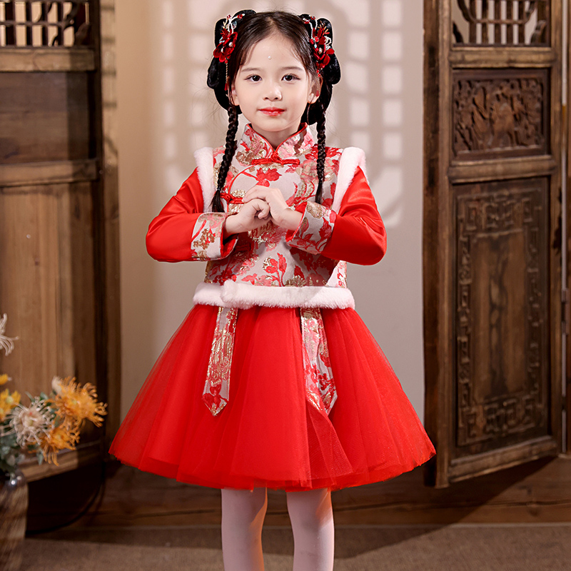 汉服女童冬季拜年服儿童连衣裙新年裙子秋冬款过年衣服公主裙冬款