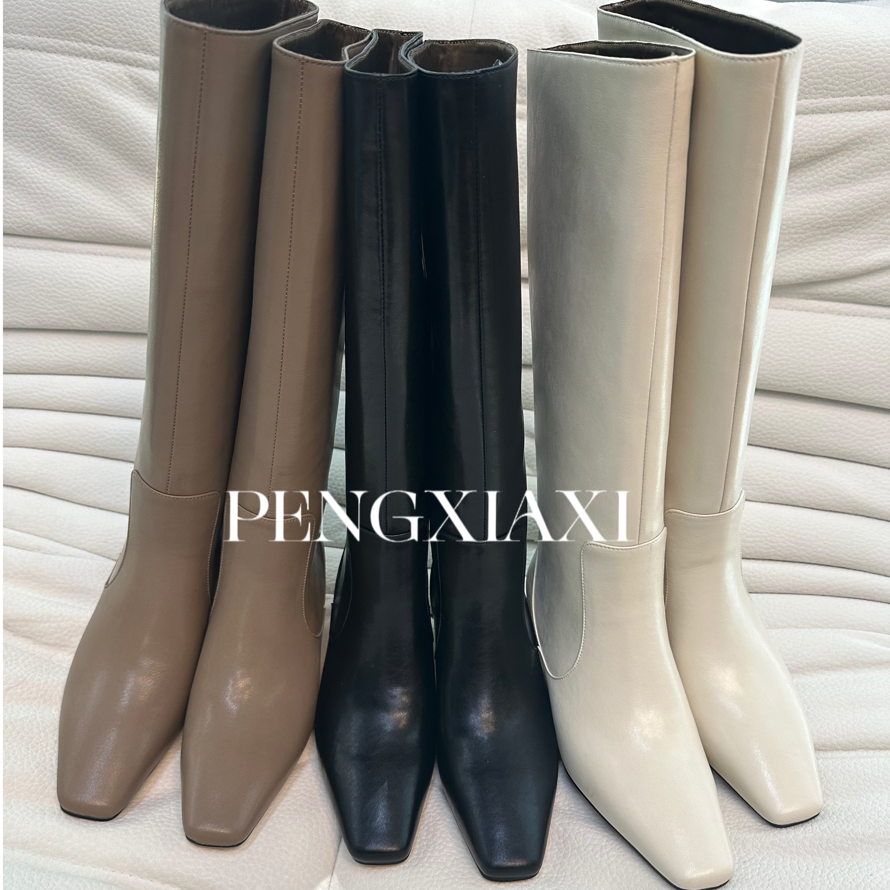 PENGXIAXI欧美风新款方头粗跟牛皮高筒靴套筒中跟大筒围女靴