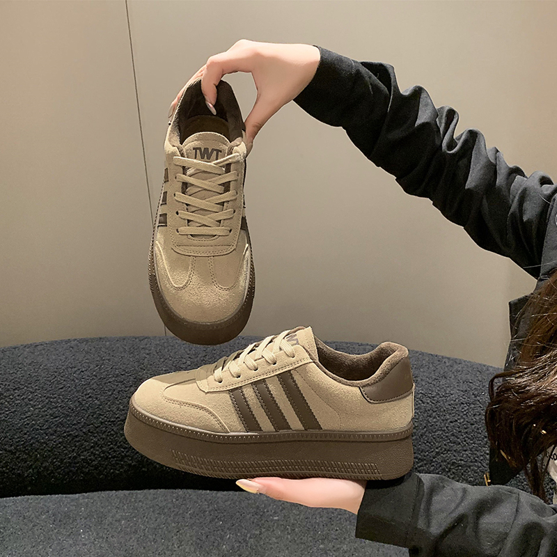 厚底磨砂皮德训鞋女2023新款冬季加绒百搭运动休闲鞋系带软底板鞋