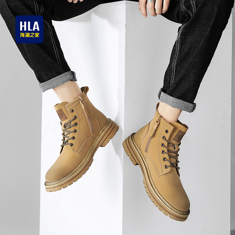 HLA/海澜之家大黄靴男23春秋复古经典高帮工装靴拉链款加绒马丁靴