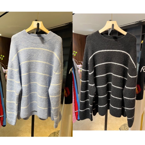 k06 条纹羊毛混纺套头衫冬季新款女慵懒风宽松休闲针织上衣