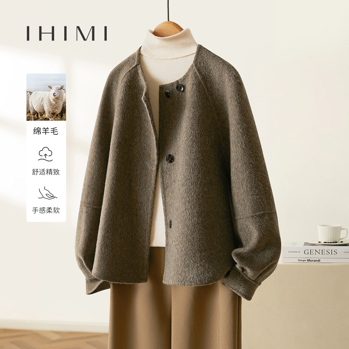 IHIMI圆领短款手工双面羊毛大衣23冬新款时尚百搭韩版保暖外套女