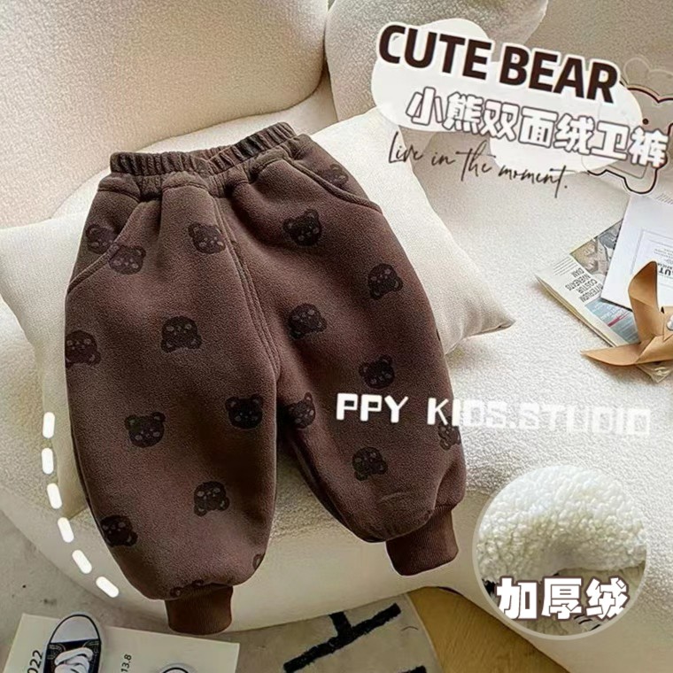 秋冬男女童奥利绒双面绒加厚加绒卫裤儿童一体绒过冬棉裤厚绒宝宝
