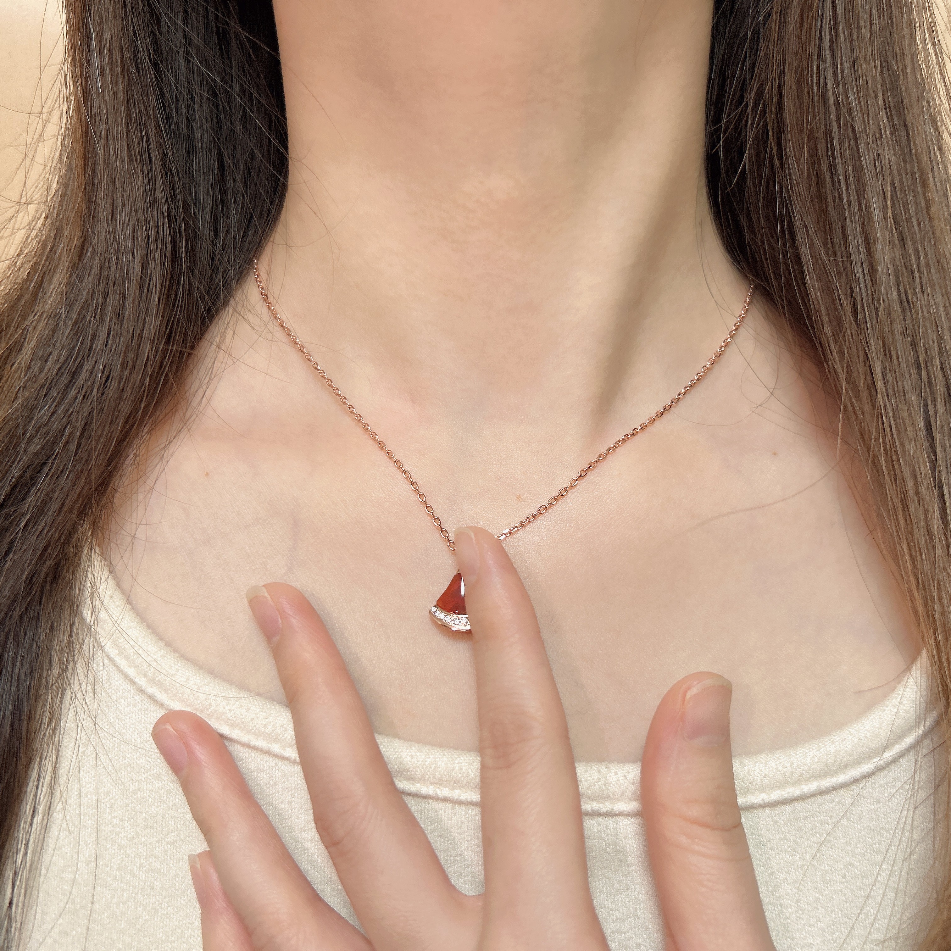 坠链均925银合成锆石 裙子项链气质扇形百搭单钻时尚精致锁骨链