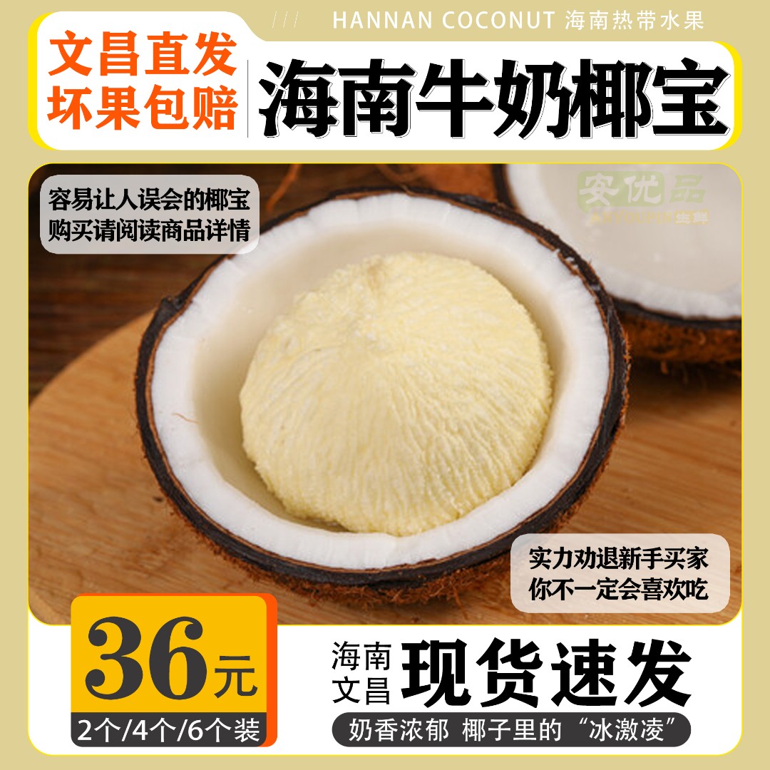 海南椰宝新鲜水果椰皇椰子芯牛奶椰食用老椰子椰苗2个/4个/6个装