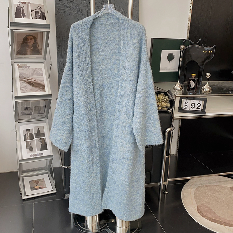 甜美淑女风长袖气质宽松外套中长款开衫纯色连帽蓝色韩版上衣爆款