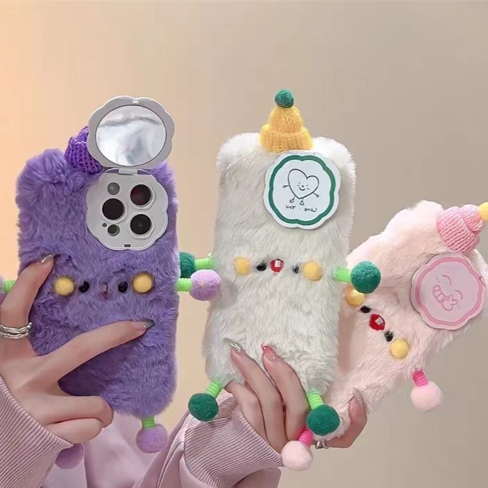 【苹果】创意可爱毛绒帽子小怪怪款iPhone15卡通全包防摔立体手机壳