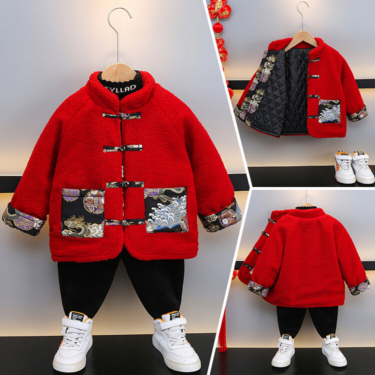 男童中国风年服儿童唐装风新年红色棉袄冬季宝宝棉服加厚外套洋气