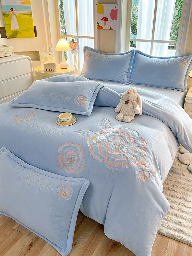 【舒芙绒】香茶花刺绣牛奶绒四件套秋冬季保暖加厚双面绒床单被套YB
