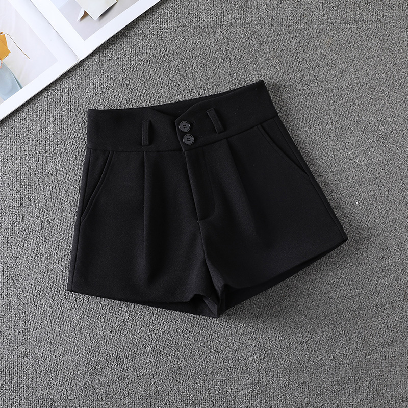 【2339】黑色高腰毛呢阔腿短裤女秋冬新款网红风百搭显瘦保暖靴裤子