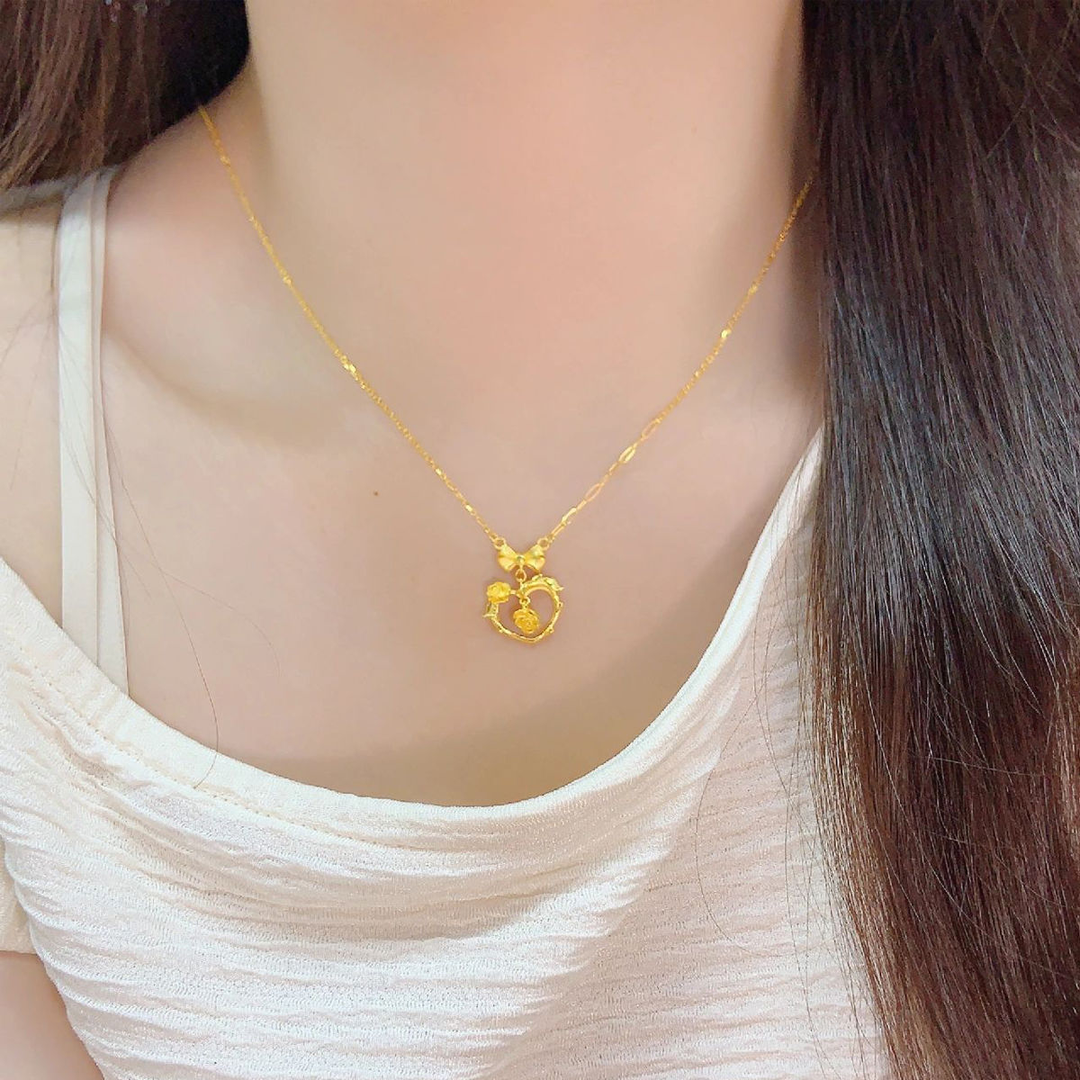 合金项链 【高端定制】镀金花漾心动玫瑰花吊坠轻奢蝴蝶结爱心项链