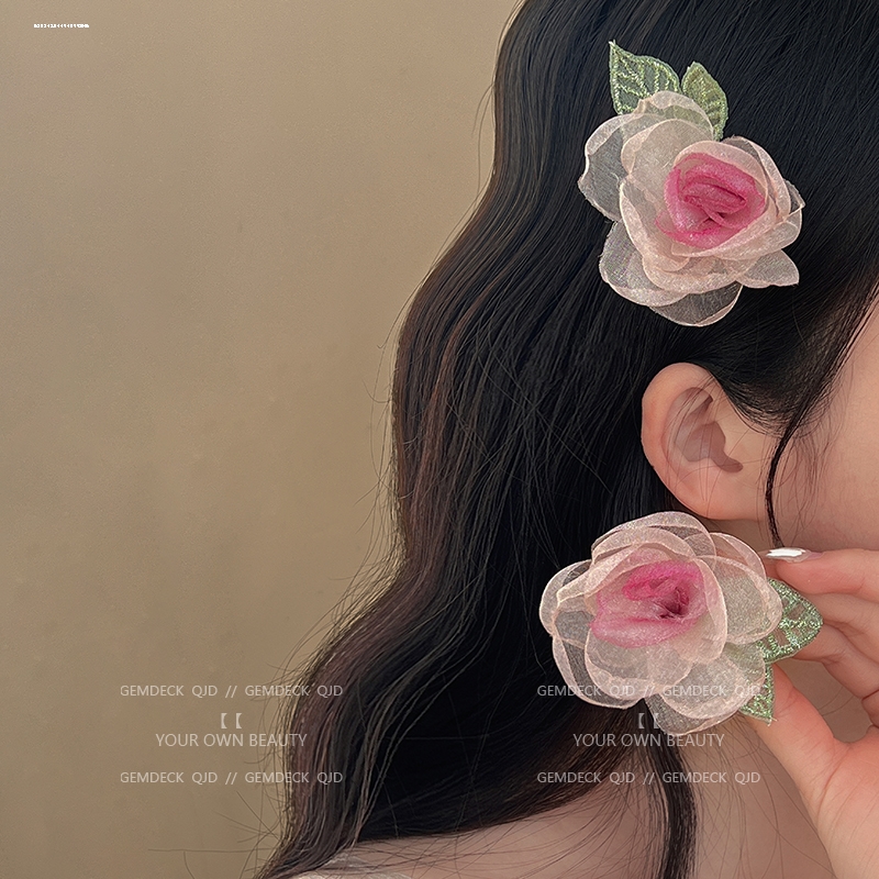 网纱玫瑰花发夹2023气质时尚简约网红显白百搭韩系可爱质感女生