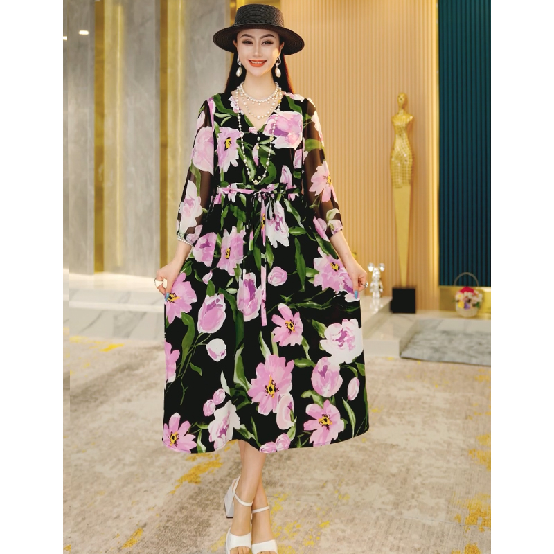 【黑郁金香】高级上档次女装新款连衣裙气质夏季长款印花裙子2092