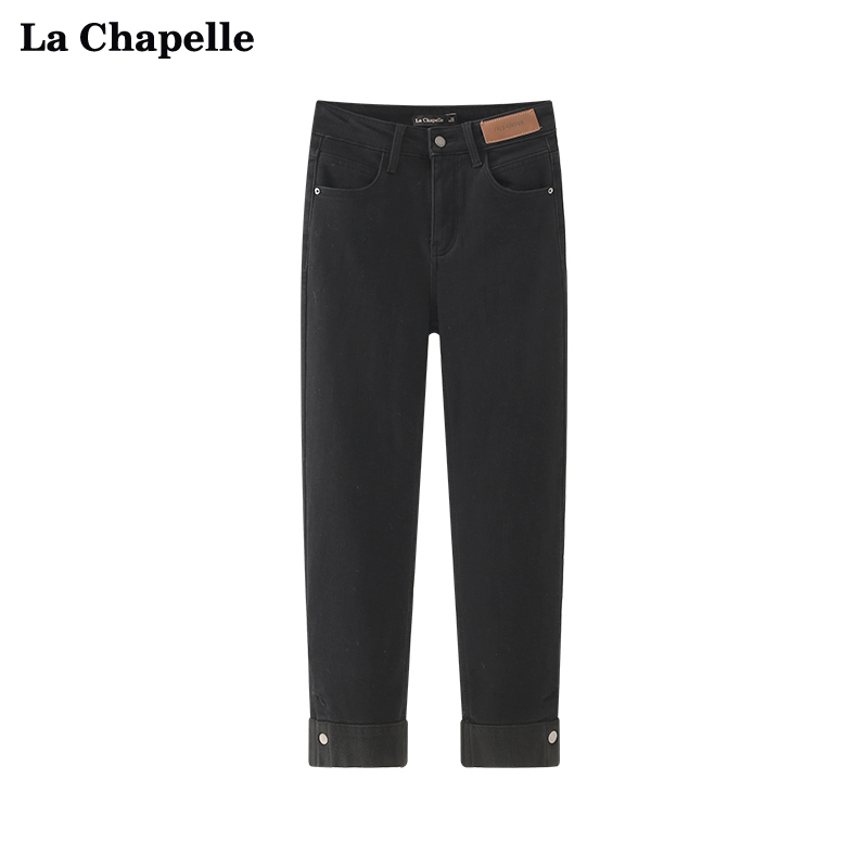 拉夏贝尔LaChapelle高腰直筒铜扣牛仔裤女小个子显瘦长裤加厚冬款