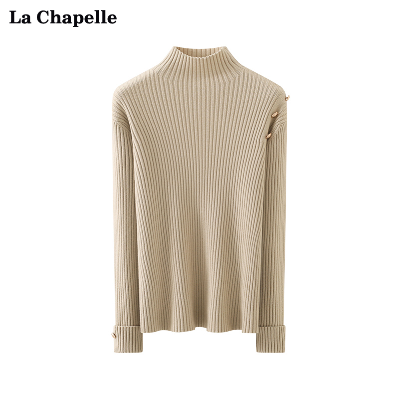 拉夏贝尔LaChapelle半高领三粒扣坑条显瘦修身打底针织衫女春季