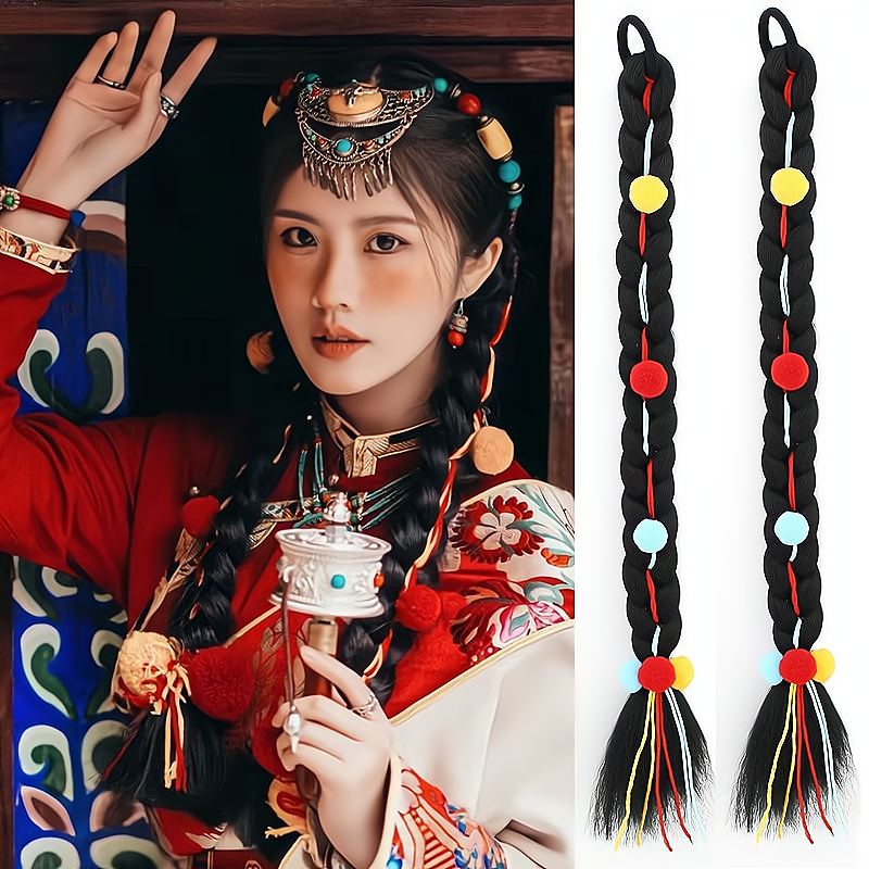 假发马尾网红藏族头饰假发辫子女藏式彩色藏辫假发西藏民族风毛球