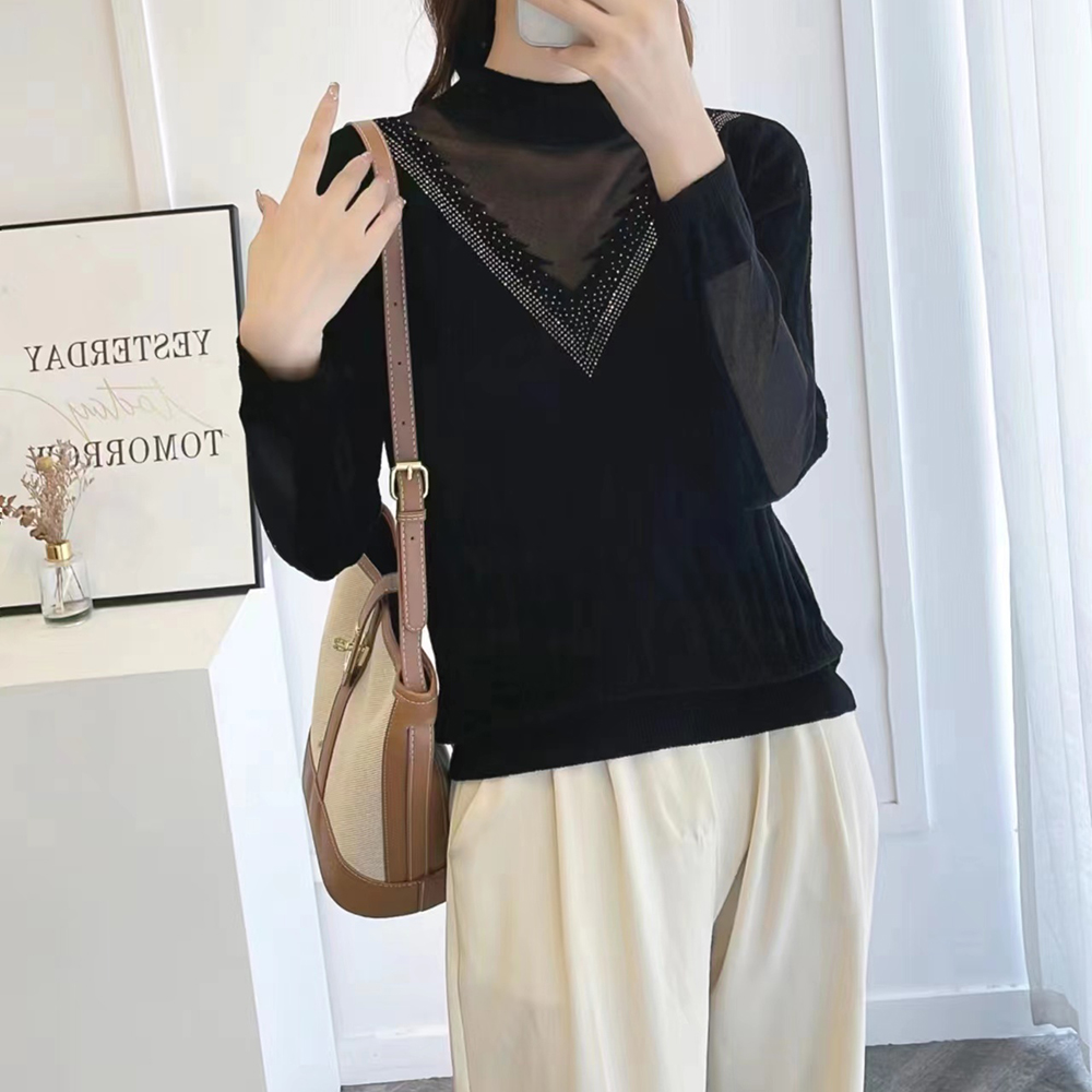 BL564-1【苏琳琳】时尚绵羊毛半高领烫钻黑色毛衣