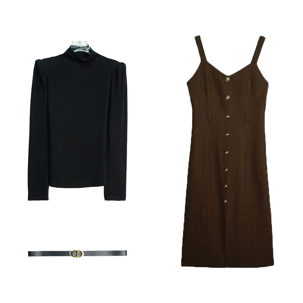 X3613【上新】小香风吊带连衣裙打底衫两件套（赠腰带）3D优雅气质