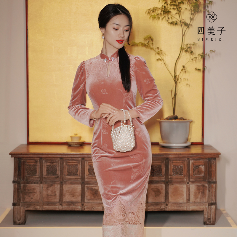 【扶摇S】四美子国风改良旗袍礼服连衣裙丝绒秋冬长款拼贴蕾丝新年
