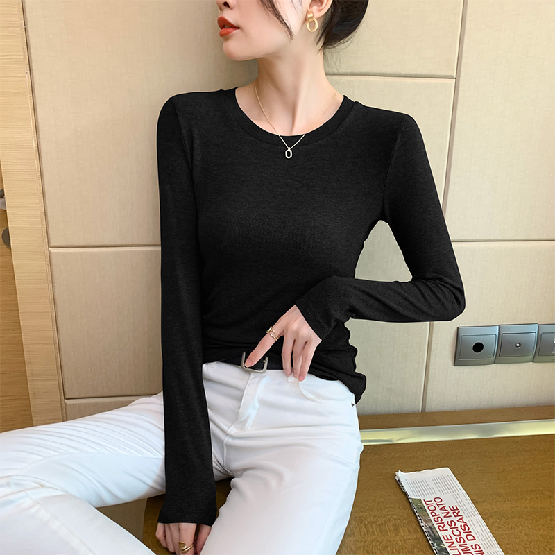 【栖媚儿】黑色小圆领打底衫女内搭秋季 2023新款洋气修身螺纹上衣