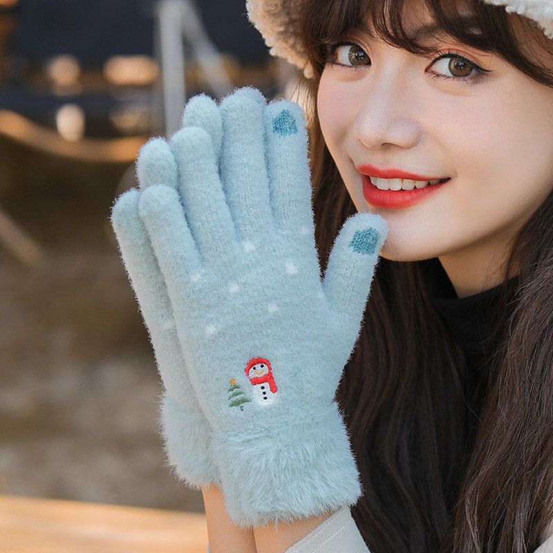 冬季加厚保暖手套韩版学生可爱雪人刺绣手套仿貂毛触屏针织手套女