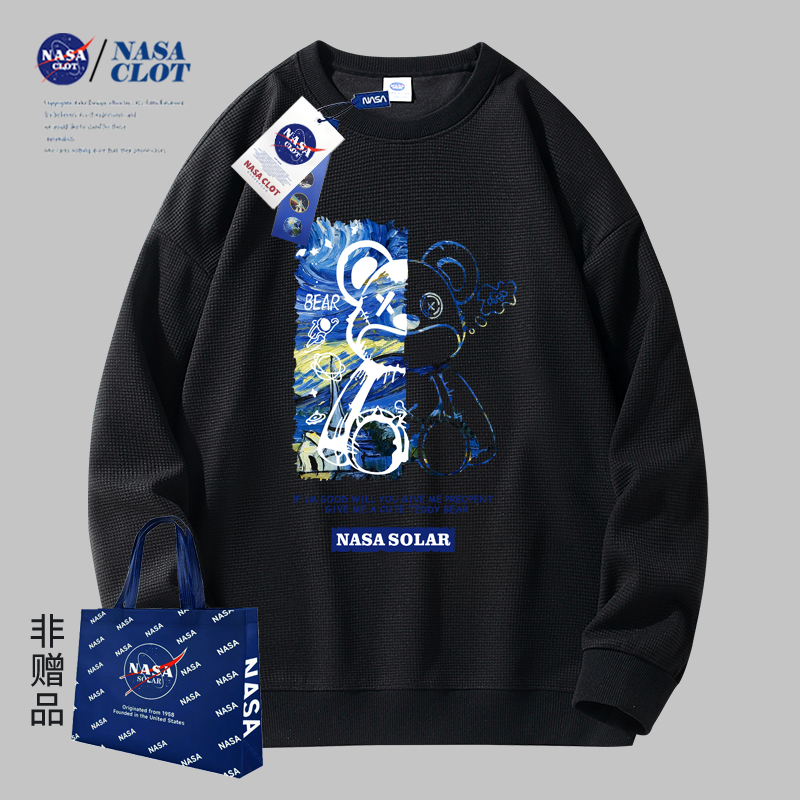 NASA联名2023秋季新款卡通印花男士华夫格圆领长袖卫衣情侣潮牌