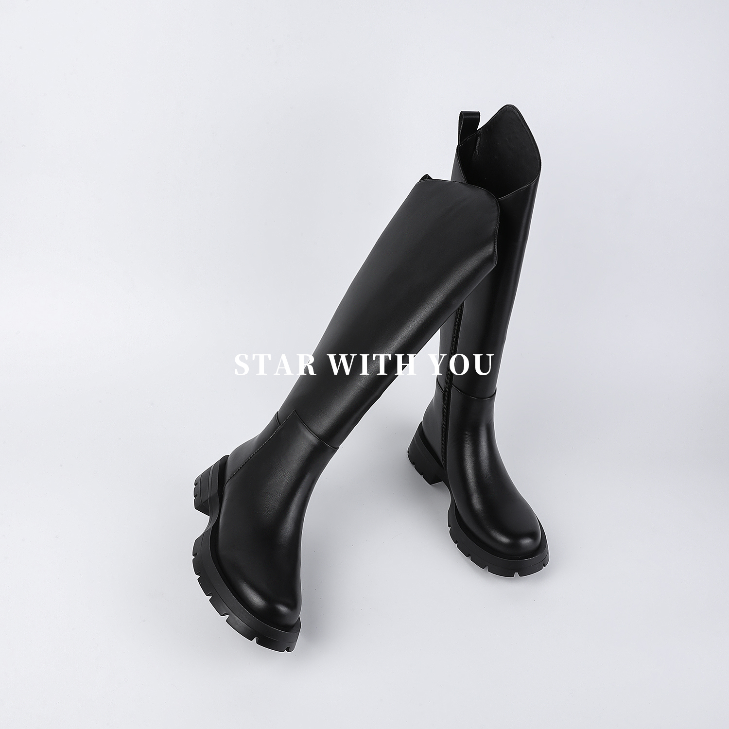 【STAR】显瘦厚底真皮骑士靴女高筒小个子白色高筒靴斜口长靴4.5cm