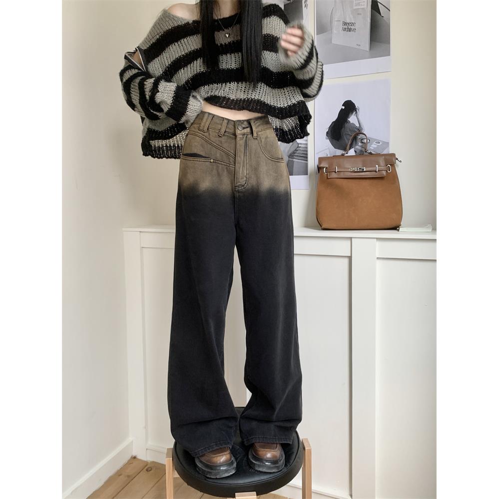 显瘦秋冬百搭撞色加绒保暖牛仔裤女冬季宽松阔腿裤高腰拖地长裤子