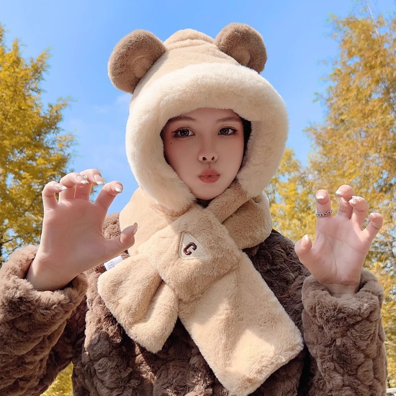 可爱小熊帽子围巾两件套女冬季保暖防寒一体连帽毛绒护耳围脖韩版