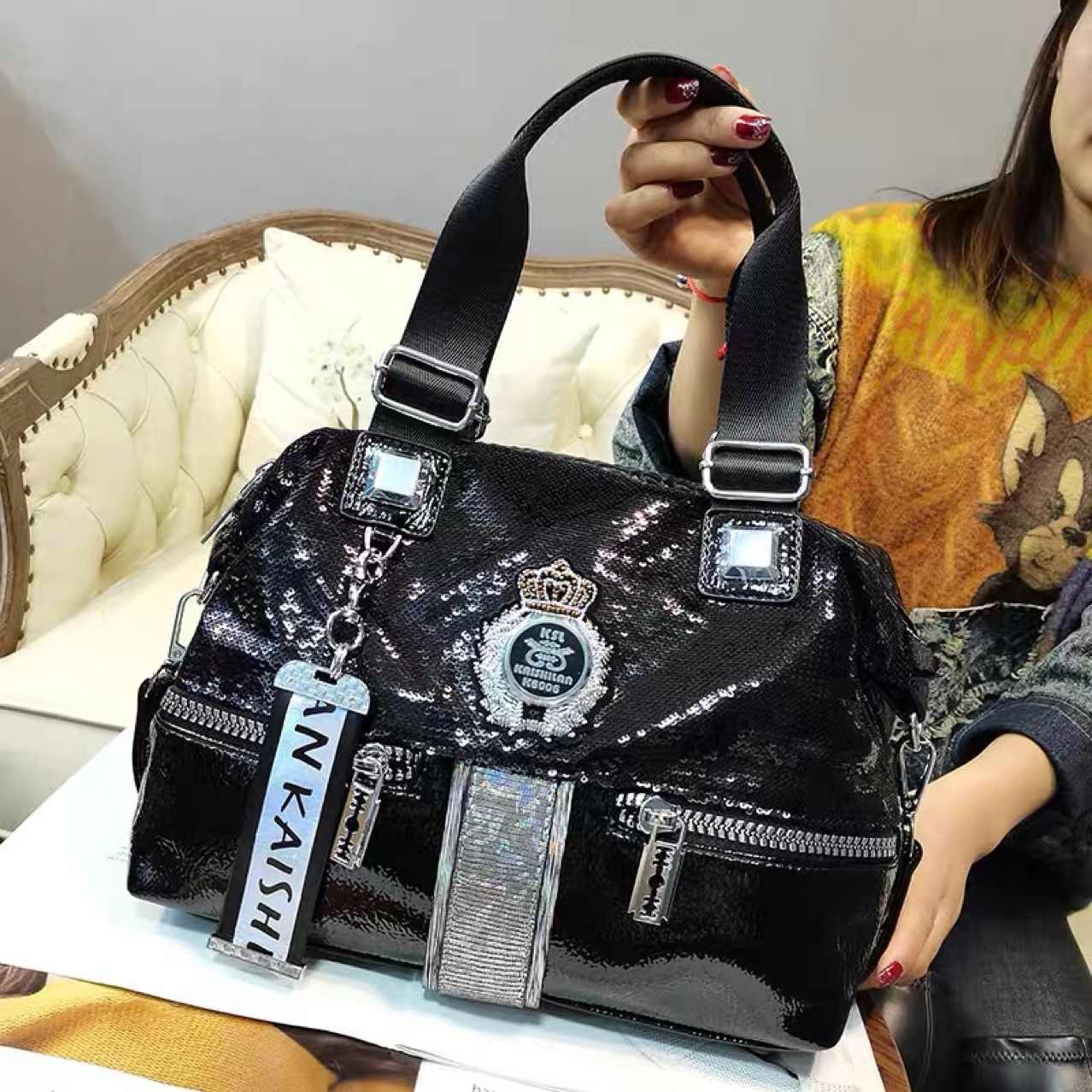 欧美时尚高档洋气大容量手提包女2023新款潮亮片单肩斜挎包托特包