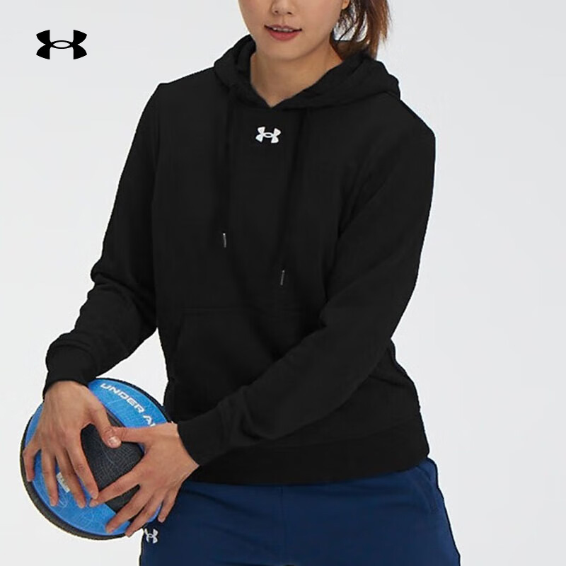 UA安德玛女子黑色连帽卫衣运动健身时尚休闲套头衫21600304-001