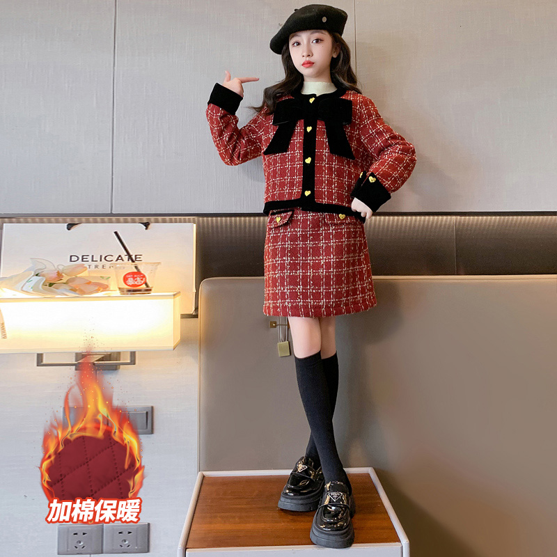 女童小香风套装秋冬过年喜庆衣服冬季女孩红色新年服装拜年服裙子