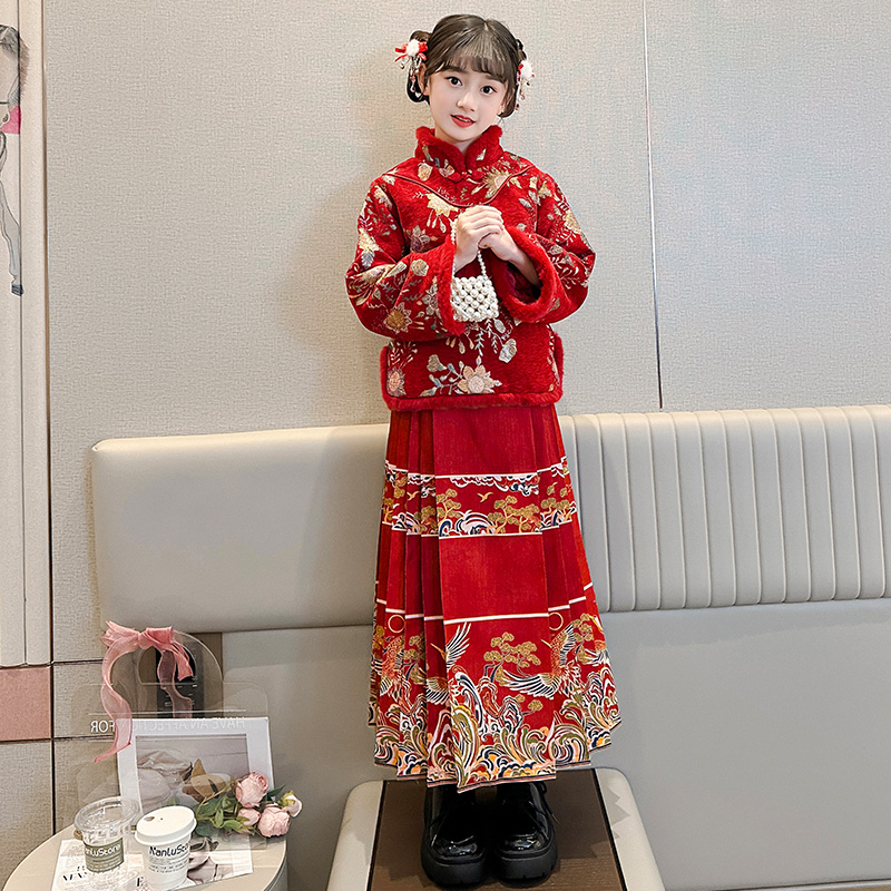 儿童新年红色衣服女童马面裙套装中国风汉服裙新年元旦拜年服唐装