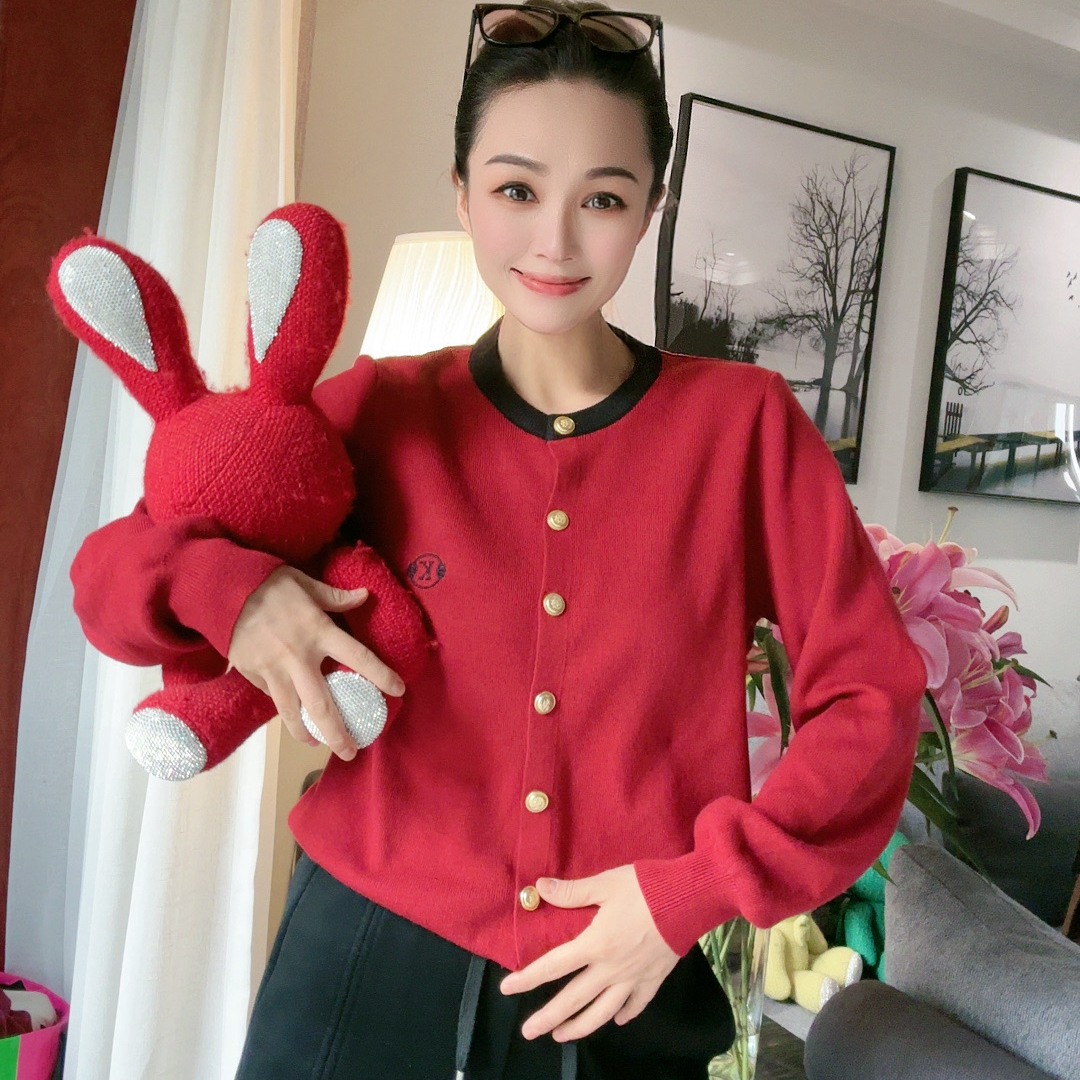 撞色领显瘦时尚款小香风单排扣百搭开衫年款毛衣 6669