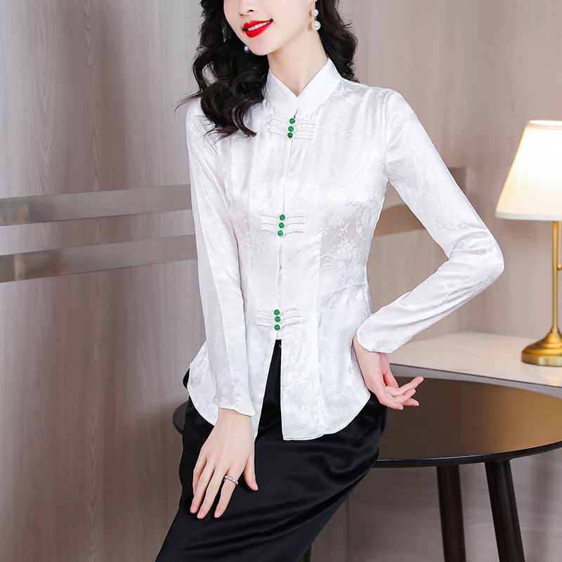 中式立领盘扣白色衬衫女春季新款复古风上衣收腰别致中国风小衫