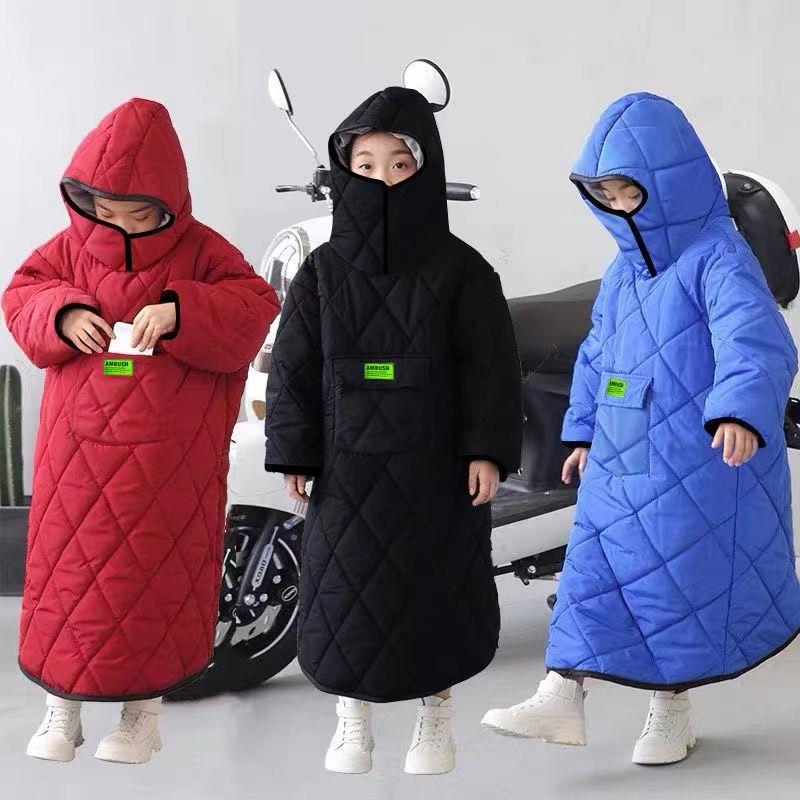 儿童电动车挡风衣冬季加绒加厚儿童摩托车后座电瓶车防水防风罩衣