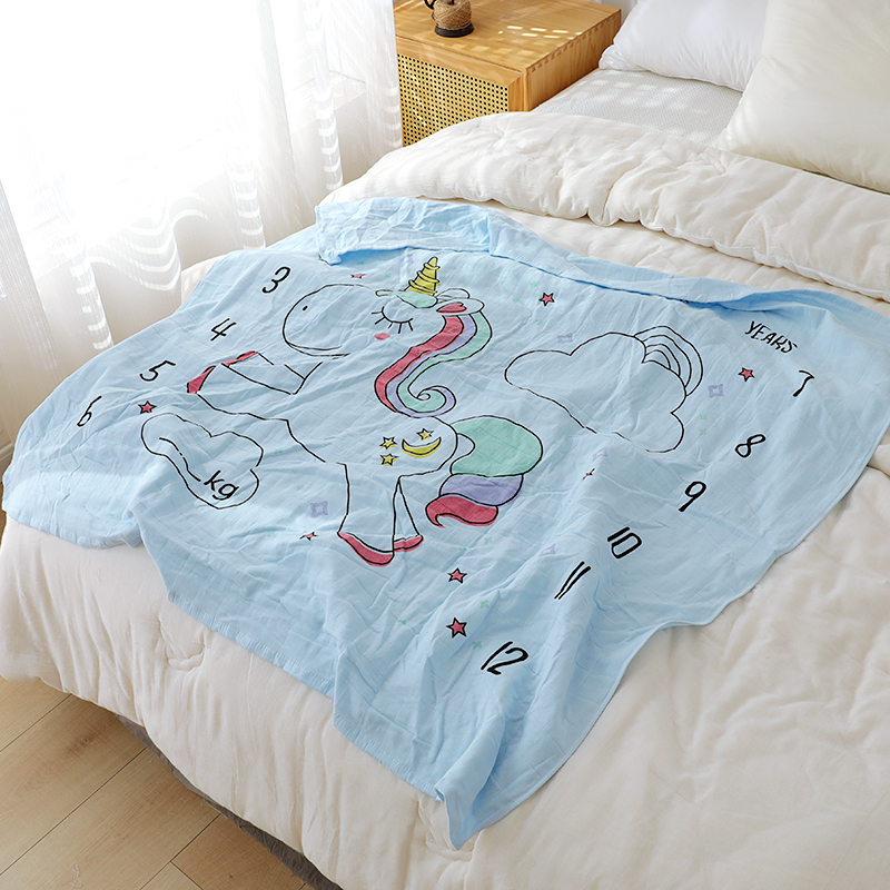 【京かわ会社】全棉纱布盖毯 纯棉儿童卡通童被 120*120cm 蓝色独角兽