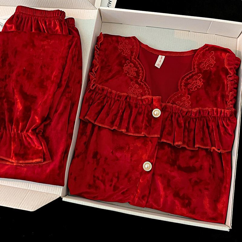 金丝绒睡衣女秋冬季长袖红色本命年喜庆结婚高级冬款冬天家居服