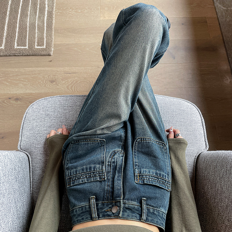 复古水洗直筒阔腿牛仔裤女春秋装2023新款高腰窄版潮牌小个子长裤