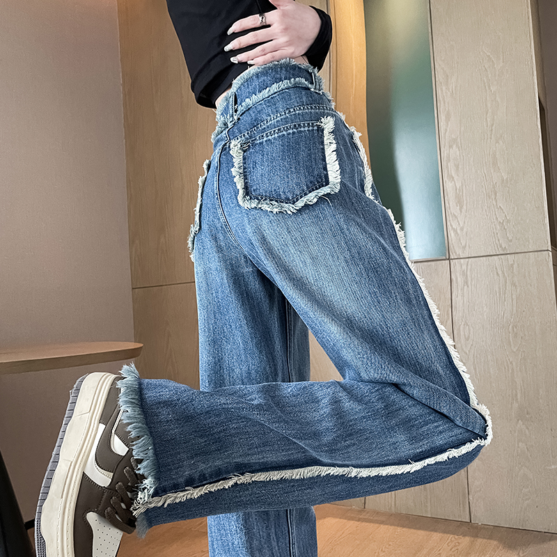 毛边阔腿牛仔裤女2023新款春季高腰显瘦梨形身材穿搭拖地直筒裤子