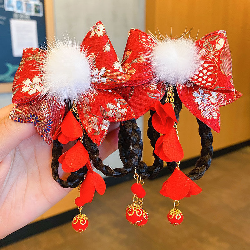 儿童汉服发饰红色假发发夹发卡宝宝古风流苏新年头饰女童假发过年