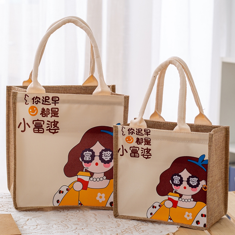 仿麻黄麻手提袋外出上班族饭盒袋女时尚杂物小拎包可爱麻布带饭包