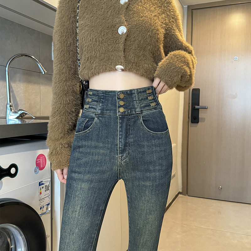 复古弹力小脚牛仔裤女秋冬排扣高腰马丁靴裤设计感加绒加厚铅笔裤