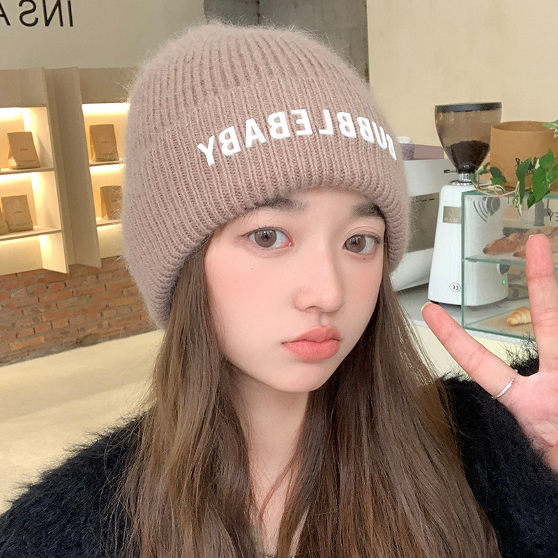 帽子女冬季百搭字母针织帽加厚保暖兔毛冷帽显脸小大头围毛线帽子